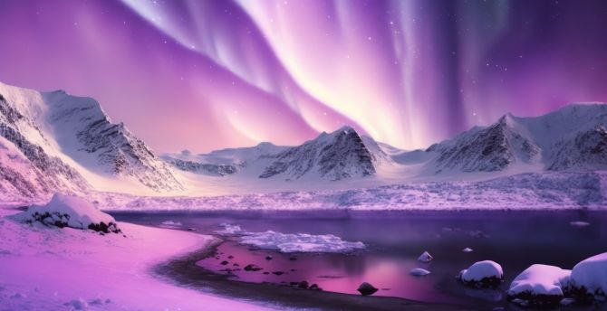 Pink-purple sky, glacier, lake, northern lights, art wallpaper
