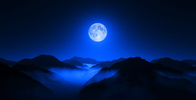 Moon night, mountain range, horizon, blue sky, night wallpaper