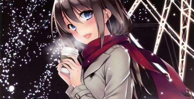 Drink, coffee, anime girl, winter wallpaper