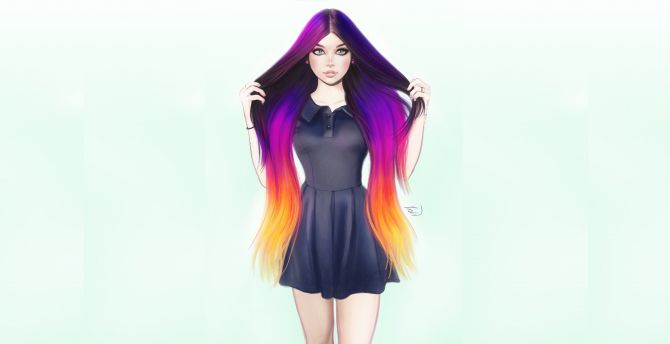 Colorful hairs, urban woman, minimal wallpaper