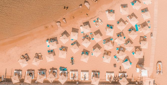 Resort at beach, aerial view, huts wallpaper