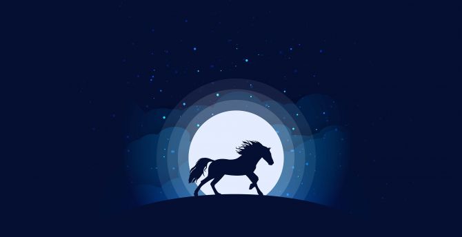 Horse, moon, silhouette, blue dark, minimal wallpaper