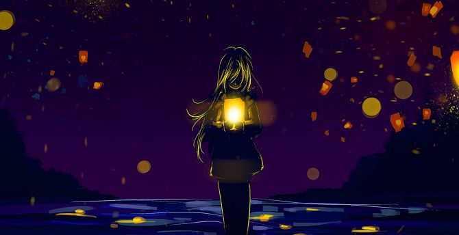 Wallpaper anime girl, lanterns, silhouette, lonely, night out desktop  wallpaper, hd image, picture, background, 0b24a8 | wallpapersmug