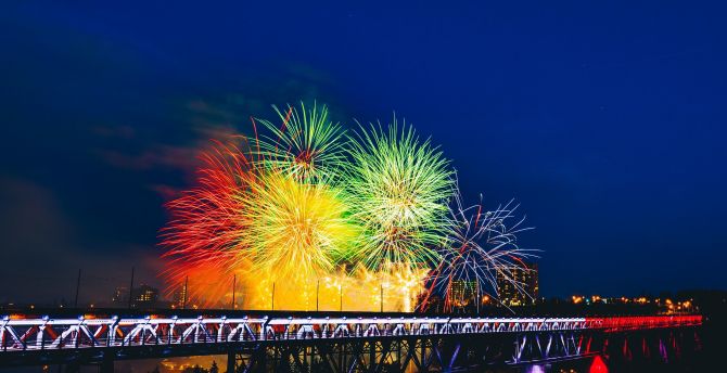 Fireworks, bridge, holiday, colorful wallpaper