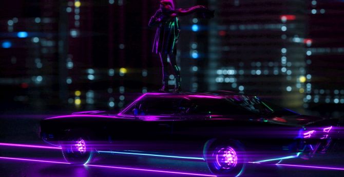 Desktop Wallpaper Girl Standing On Car Light Trails Neon City Hd Image Picture Background 0c30a6