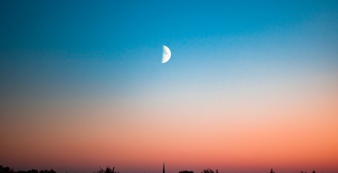 Half moon, landscape, sky, minimal, sunset wallpaper