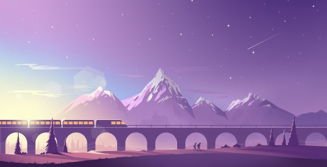 Train, bridge, mountains, minimalistic, digital art wallpaper