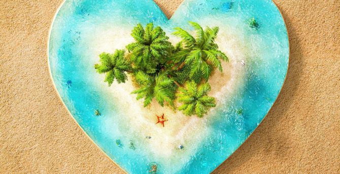 Palm tree, heart, beach, digital art wallpaper