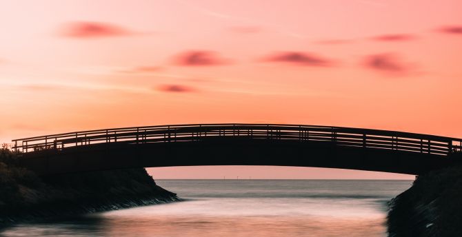 Bridge, silhouette, coast, sunset wallpaper