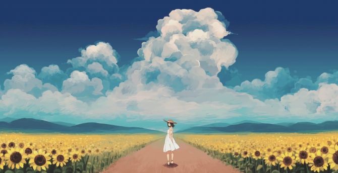 Sunny day, sunflowers, farm, anime girl, original wallpaper
