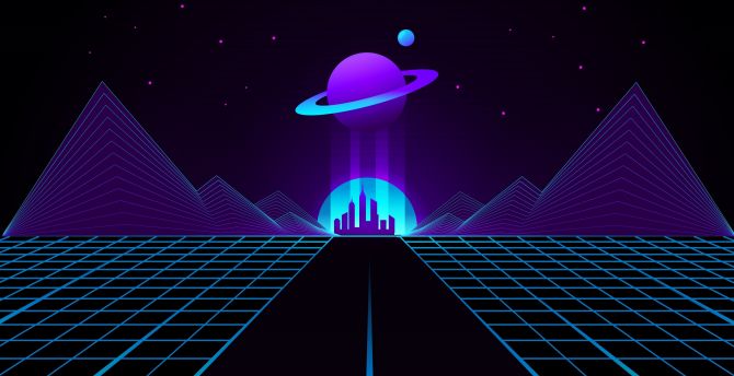 Synthwave, planet and city, retro wave, digital art wallpaper