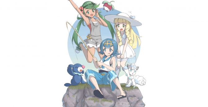 Pokémon, fun, fishing, anime girls, minimal wallpaper