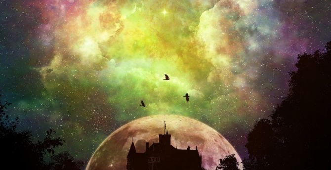 Castle, moon, mystical, colorful sky, fantasy wallpaper