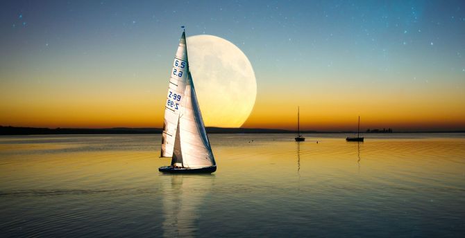 Moon, sailing boat, sea, sunset wallpaper