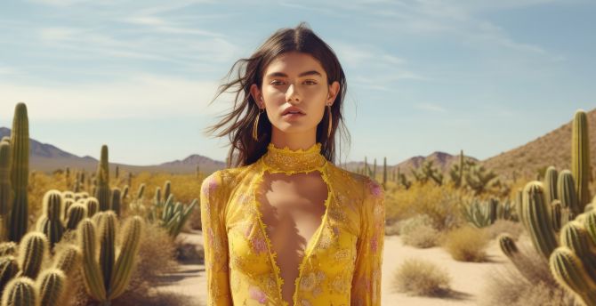 Outdoor, girl model, a vibrant yellow dress, brunette wallpaper