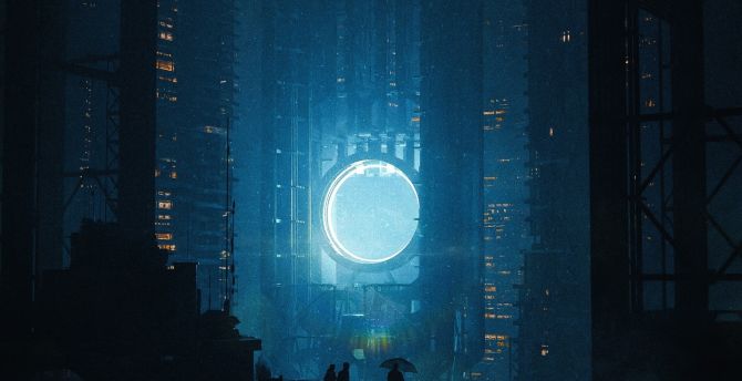 Tall buildings, glowing portal, cyberpunk wallpaper
