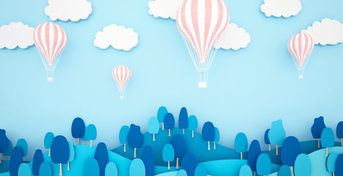 Air balloons, blue sky, minimal, digital art wallpaper
