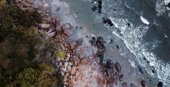 Rocks, aerial shot, waves, beach wallpaper