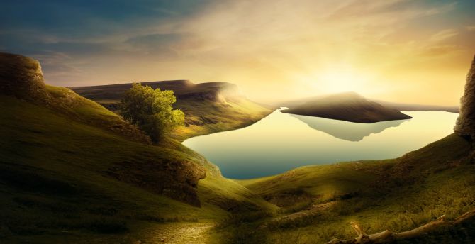 Mountains, lake, hills, landscape, sunset wallpaper
