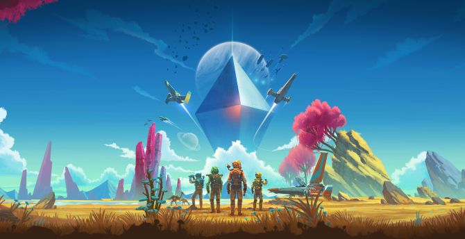 No Man's Sky, Astronauts, video game, landscape, pyramid, survival game wallpaper