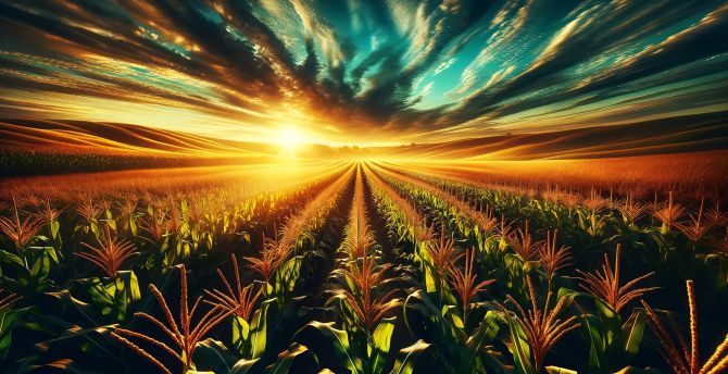 Corn farm, landscape, sunset, art wallpaper