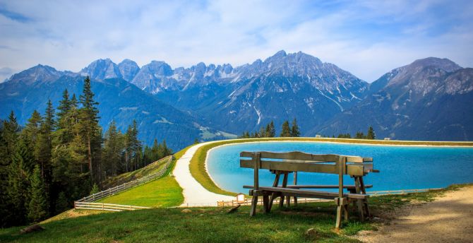 Lake, mountains, nature, landscape, bench wallpaper