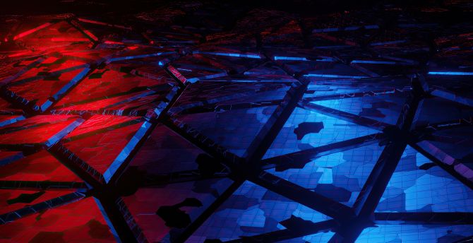 Red-blue triangles, broken surface, abstract wallpaper