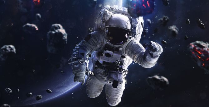 Space, astronaut, asteroids, art wallpaper