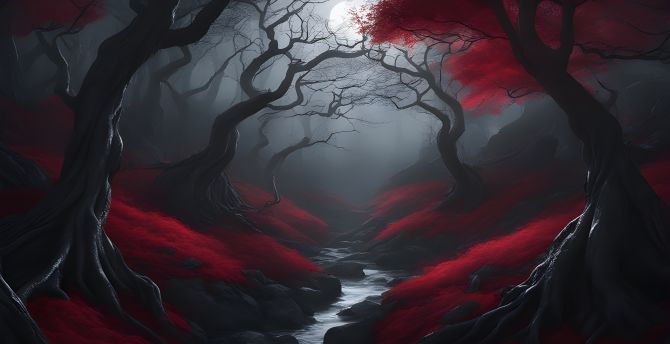 Dark forest, night with full moon, mystic world wallpaper