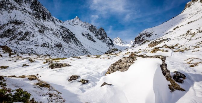 Hiking, snow mountains, landscape, nature wallpaper