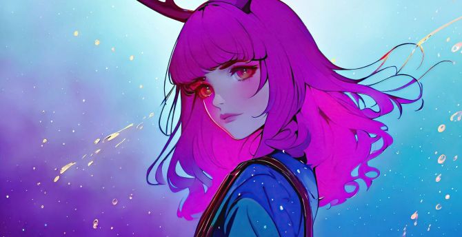Purple hair girl with horns, fantasy, pretty eyes, art wallpaper