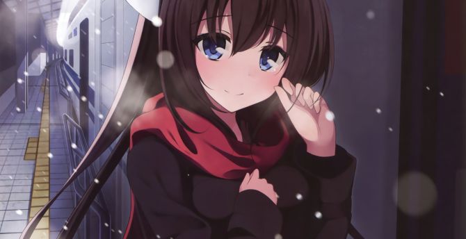 Cute, blue eyes, anime girl, winter wallpaper