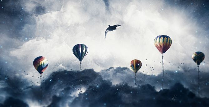 Surreal, hot air balloons, clouds, sky, dolphin wallpaper