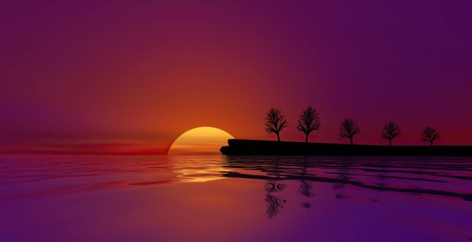 Silhouette, sunset, lake, trees, nature wallpaper