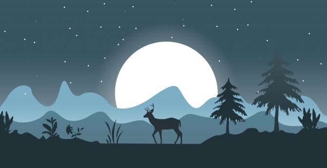 Deer, forest, outdoor, moon, minimal, art wallpaper
