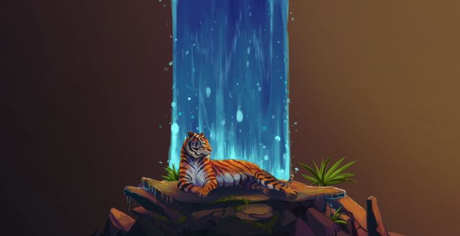 Artwork, tiger, waterfall, stones wallpaper