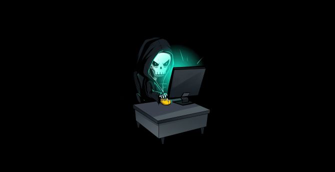 Skull in hood, hacking time, minimal wallpaper