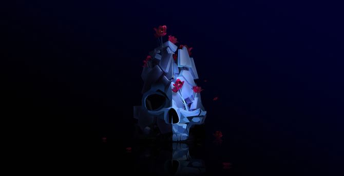 Skull, minimal, scary, flowers, dark wallpaper