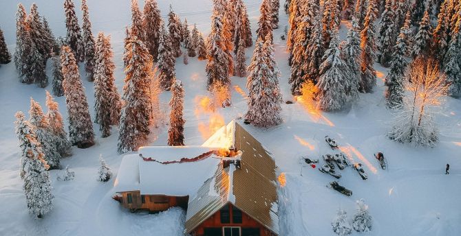 Aerial view, winter, house wallpaper