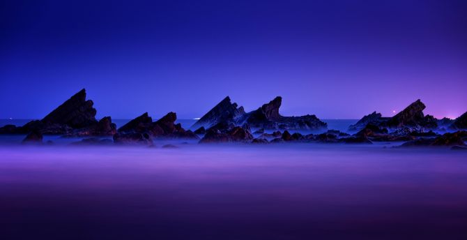 Purple sky, sunset, rocks, coast, beach, seascape wallpaper
