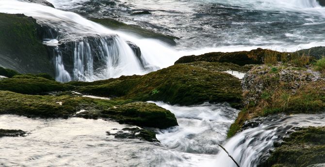 Waterfall, moss, water running wallpaper