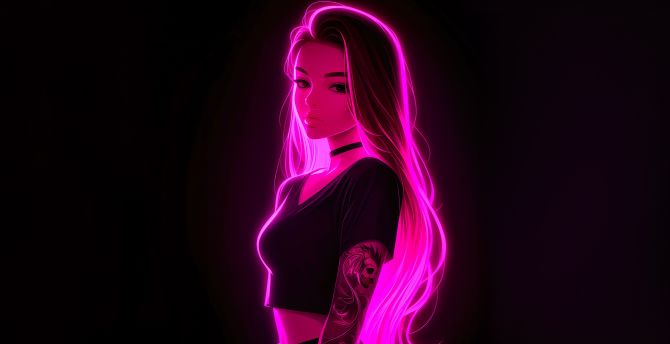 Girl in pink neon light, art wallpaper