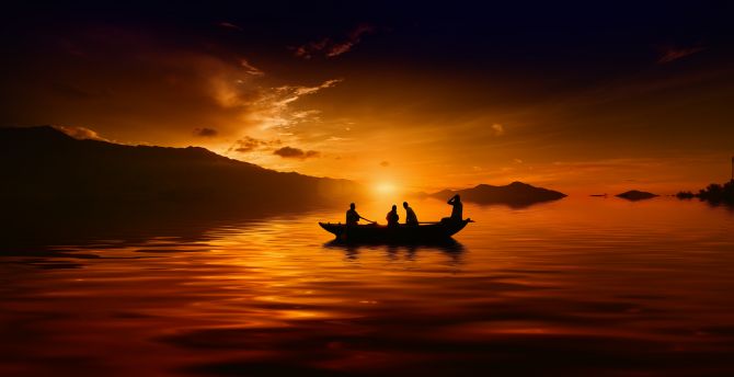 Sunset, boat, lake, mountains, silhouette wallpaper