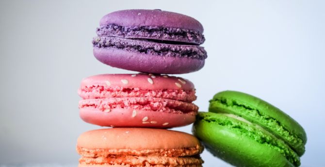 Macarons, food, sweets, close up, colorful wallpaper