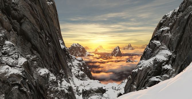 Valley, mountains, clouds, snow layer, sunset, winter wallpaper