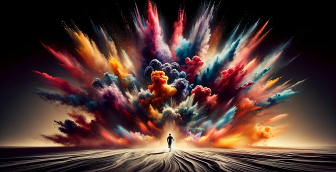 Colorful blast, man run through explosion, artwork wallpaper