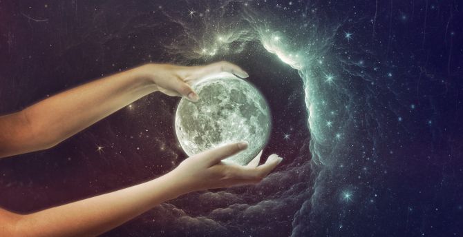 Hands, moon, planet, space, clouds, fantasy, art wallpaper