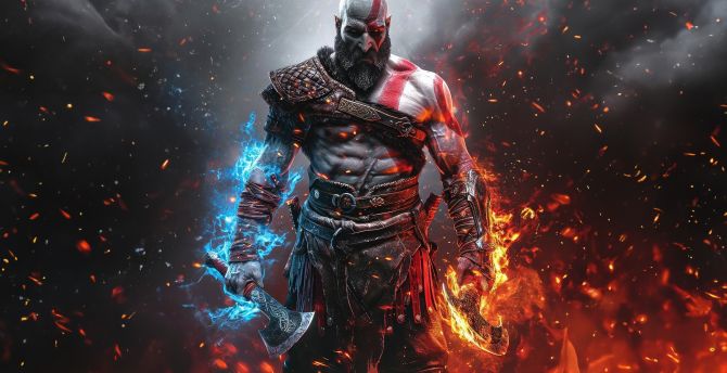 Kratos in action, warrior from God of War, 2024 wallpaper