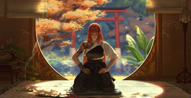 Warrior, anime, redhead, with katana, art wallpaper