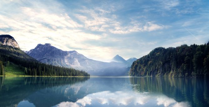 Lake, nature, mountains, forest, sky, trees wallpaper